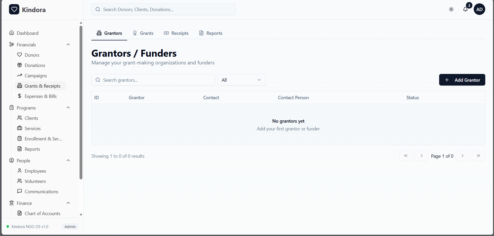 Kindora Financials — Grant Pipeline Management