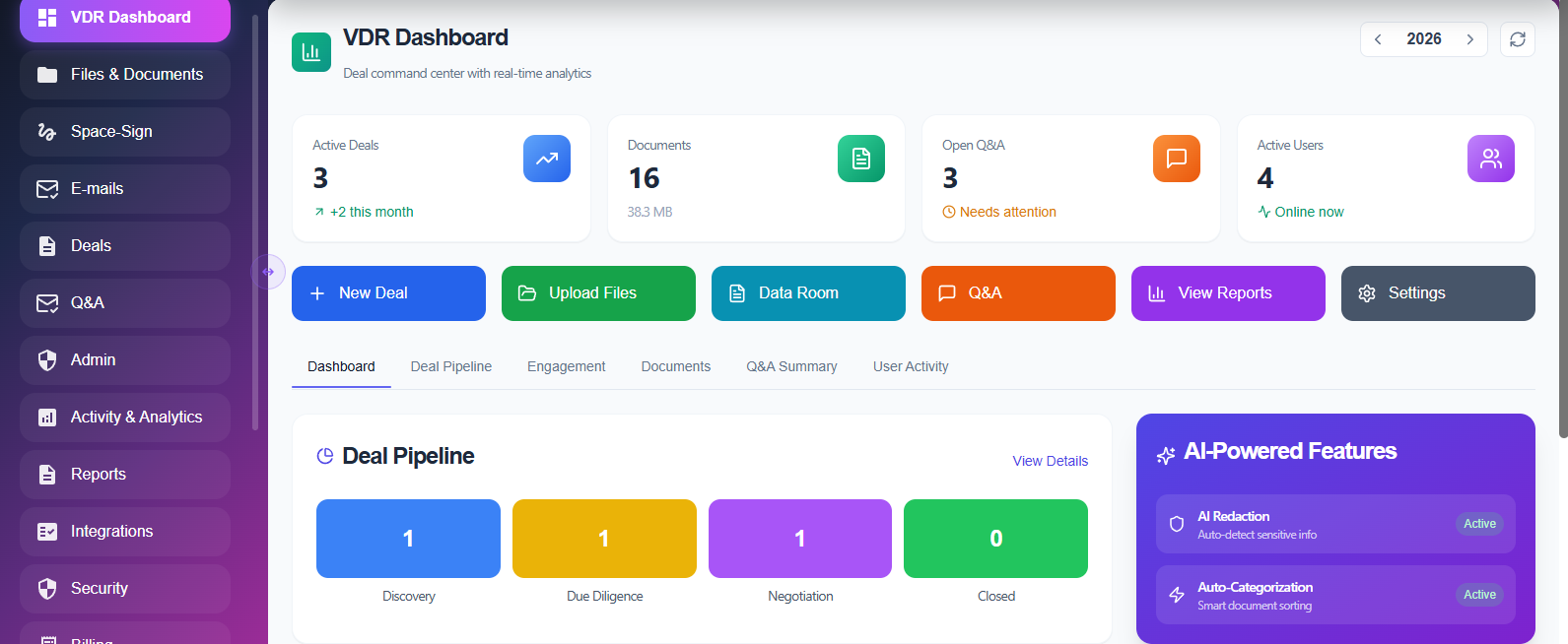 Space Nexus VDR Dashboard — deal command center with AI features